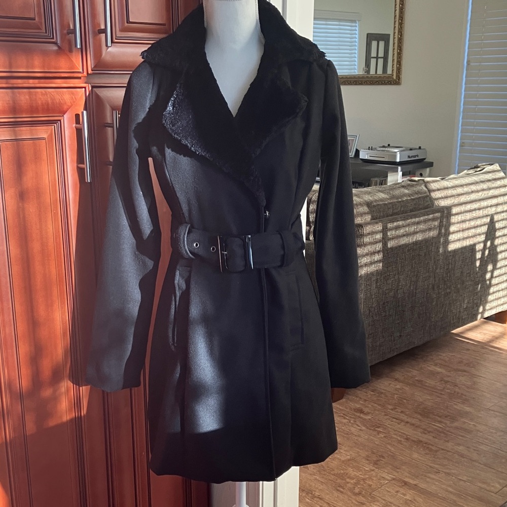 Elegant Black Double-Breasted Trench Faux Fur Coat Size:M